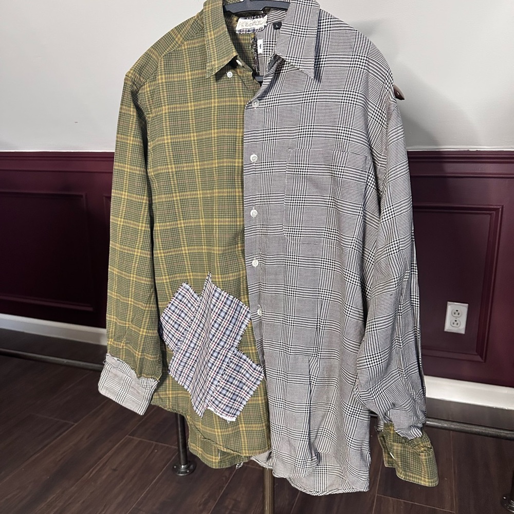 UPDT cut & sew upcycled patched flannel check hybrid shirt L